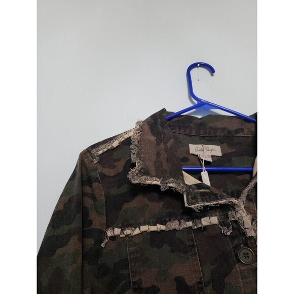 Charlie Page Women's M Trucker Jacket Camo Moto Fray Fringe Hem 100% Cotton NWOT - Picture 4 of 6